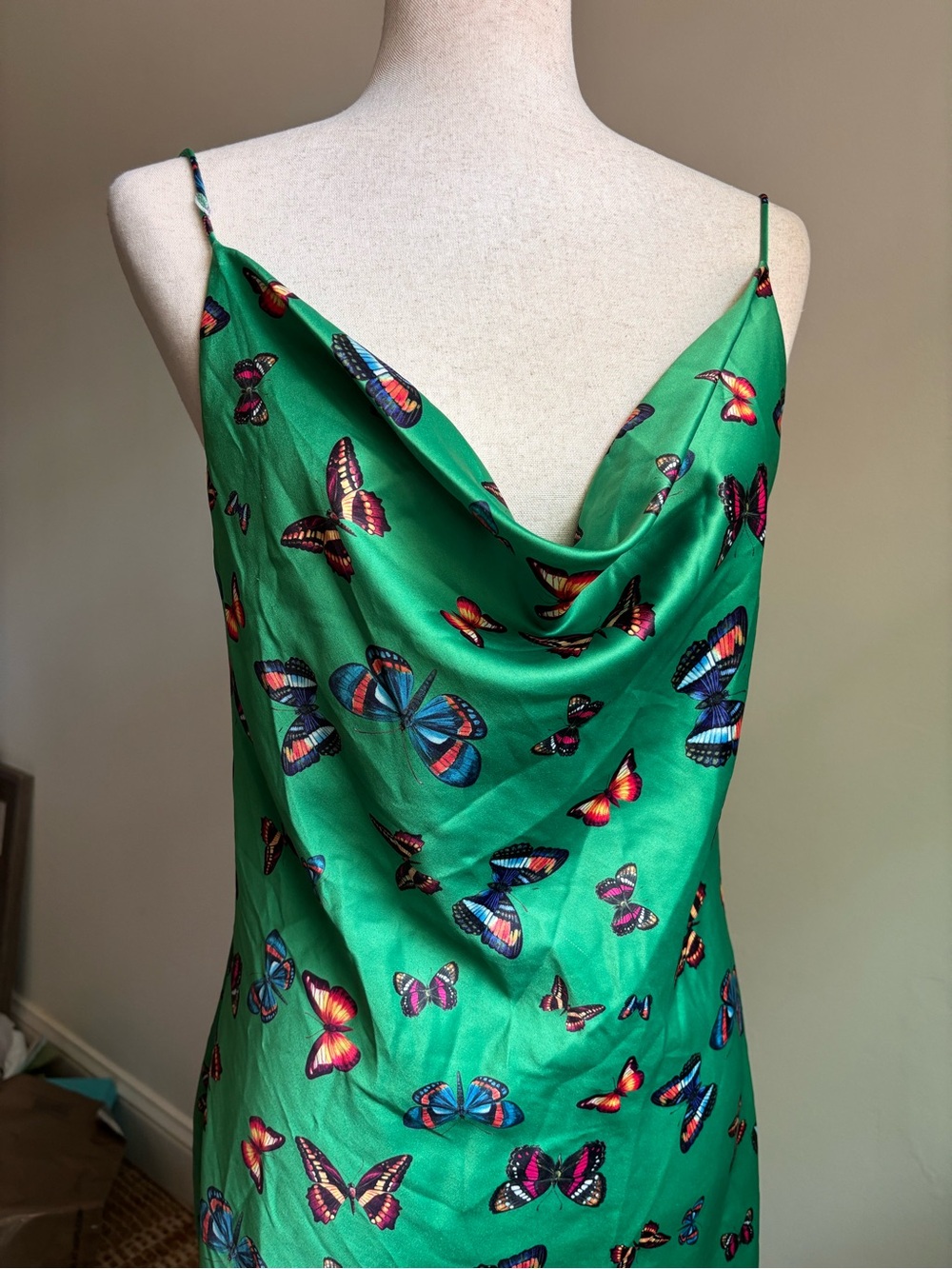 Steve Madden Green Butterfly Satin Slip Dress Cowl Neck Open Back Size S